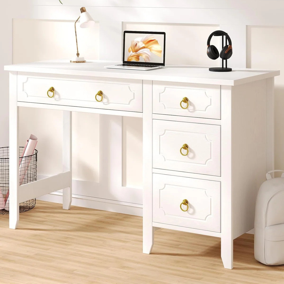Computer Desk with 4 Drawers, 45 Inch Small Desk for Writing Study, Makeup Vanity Desk with Golde... | Wayfair North America