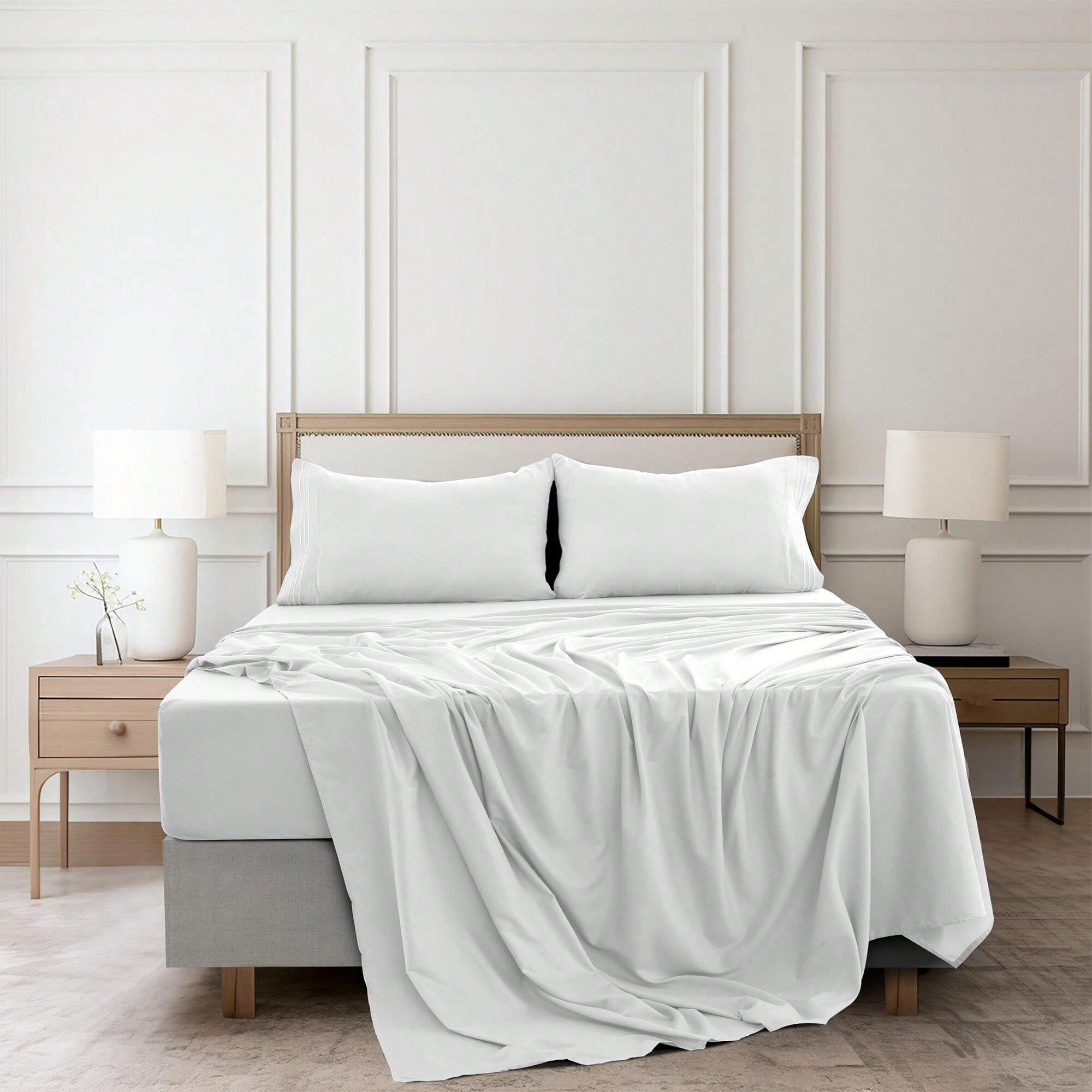 LUX DECOR 4 Pc Solid Color Plain Bed Sheets - Brushed Microfiber Sheet Set With Pillowcases, Deep... | SHEIN