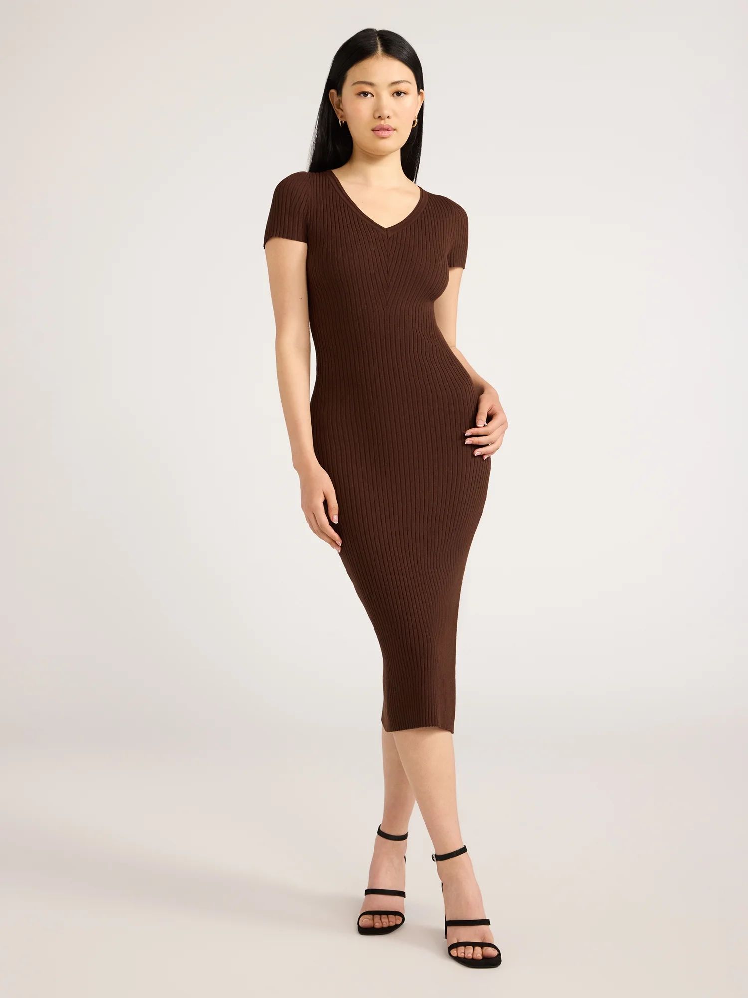 Scoop Women's V-Neck Bodycon Ribbed Sweater Dress, Midweight, Sizes XS-XXL - Walmart.com | Walmart (US)