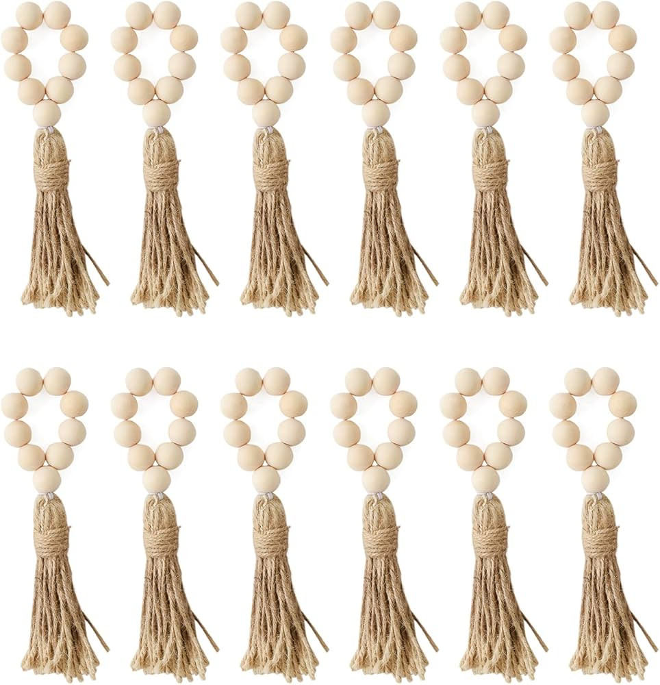 Wood Beads Napkin Rings Natural Wooden Holders with Tassels Elastic Wooden Napkin Buckles for Hom... | Amazon (US)