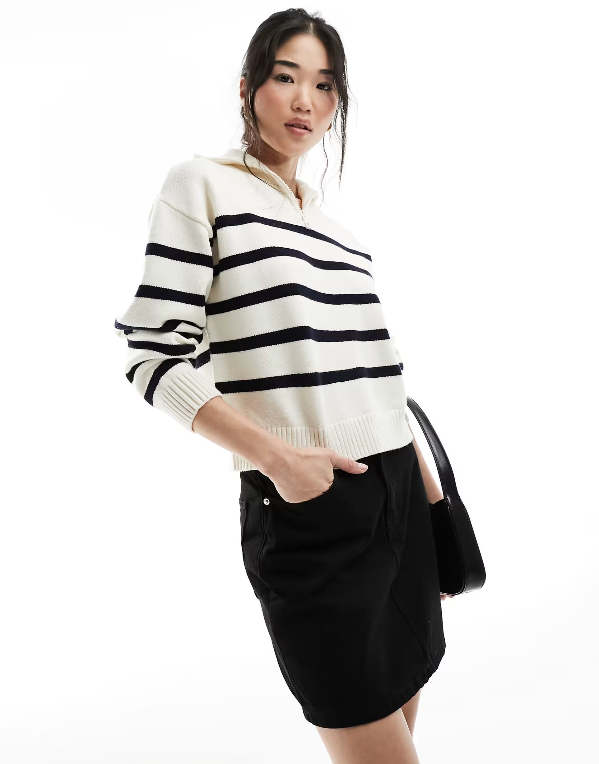 Cotton On lightweight half zip knit sweater in ecru navy stripe  | ASOS | ASOS (Global)