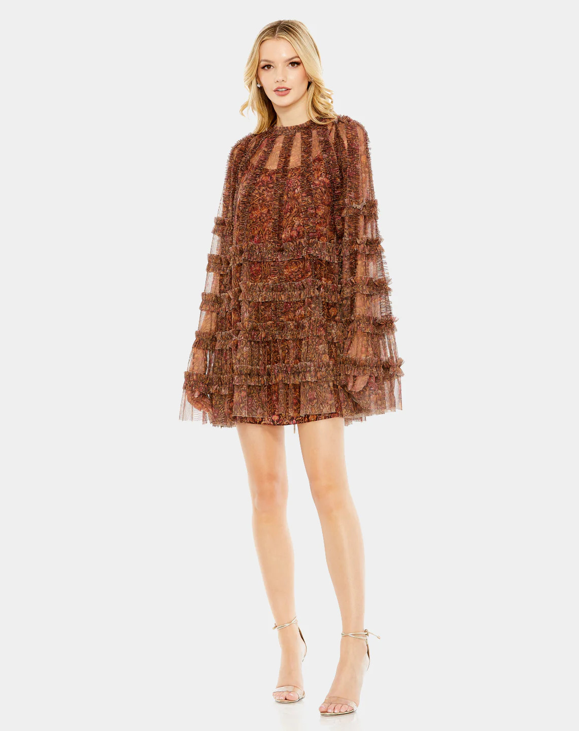 Mac Duggal Women's Floral Print Long Flare Sleeve Mesh A-Line Dress in Brown Multi 8 Lord & Taylor | Lord & Taylor