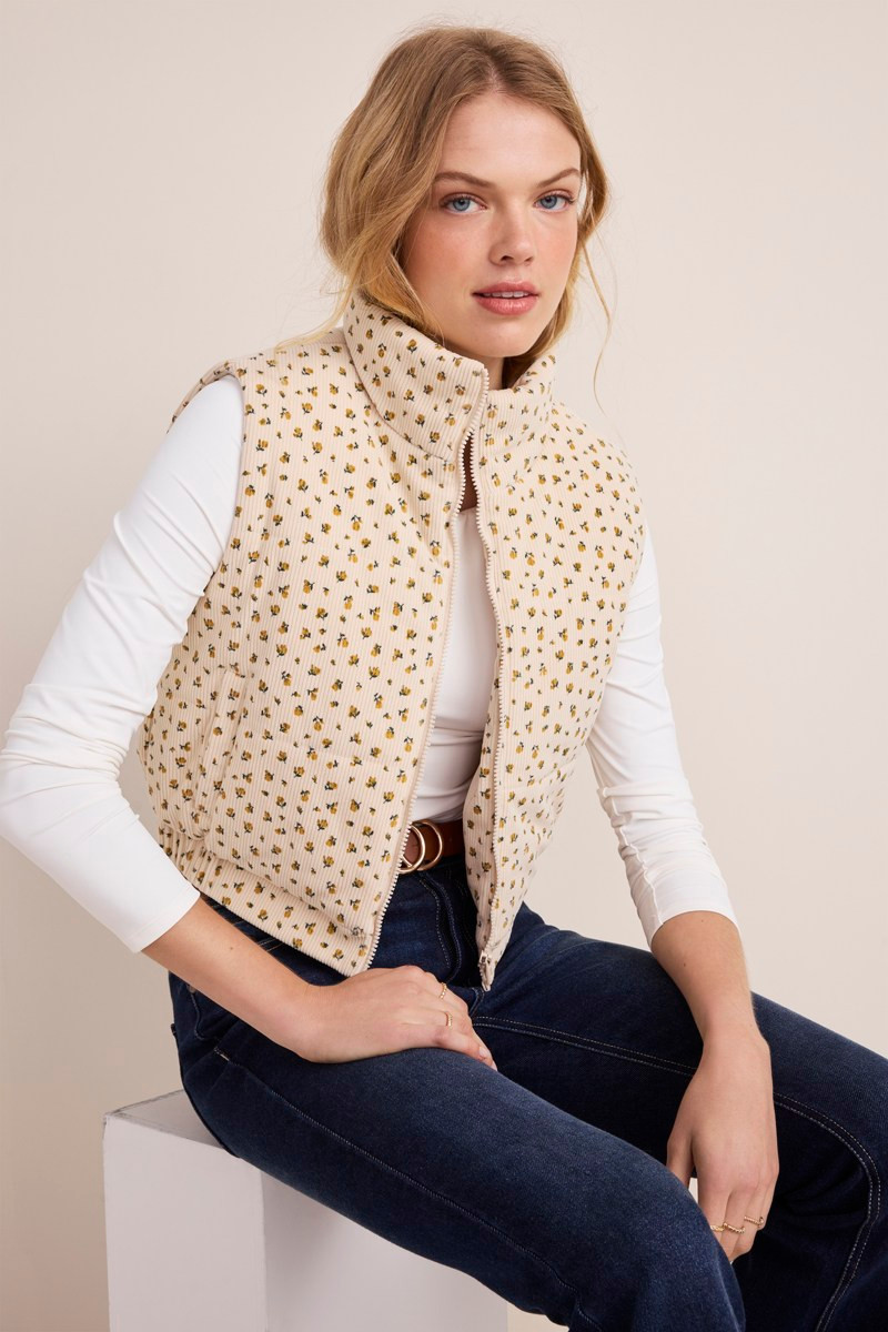 Ines Corduroy Floral Puffer Vest | Francesca's