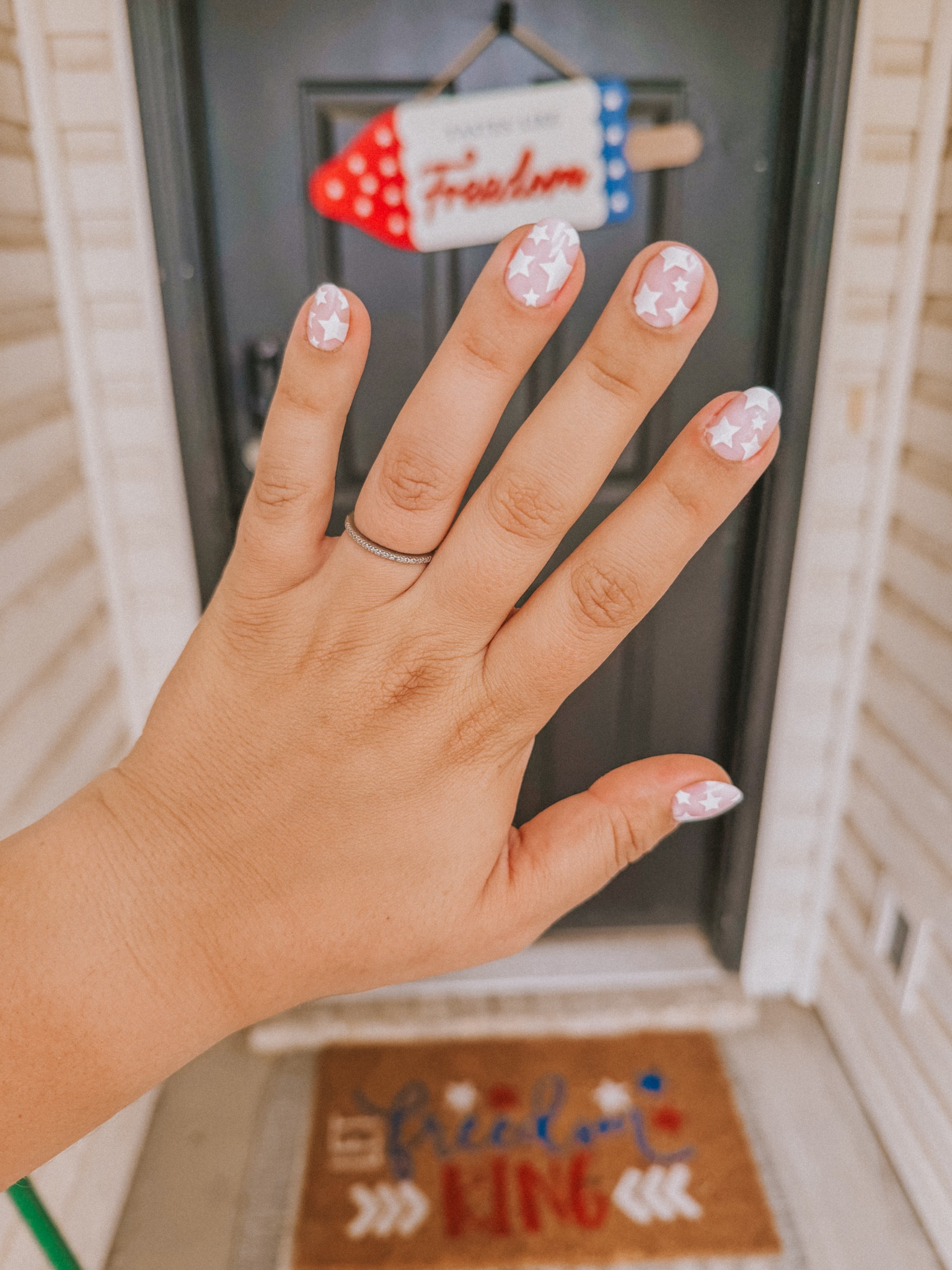 Olive and June glue on nails. Extra short round shape - shade white stars #mani #oliveandjune #nails #momfriendlyfinds 

#LTKStyleTip #LTKWedding #LTKSaleAlert