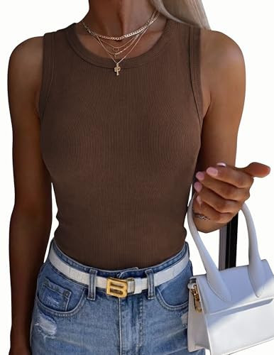 Zeagoo Women's Tank Tops Crewneck Ribbed Sleeveless Shirt Slim Fit Undershirt Summer Tops Brown | Amazon (US)