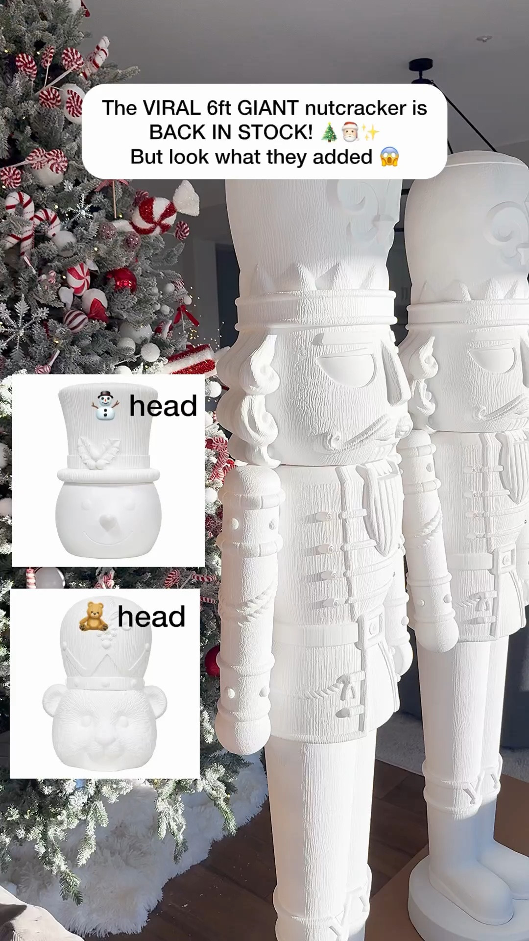 He’s Baaaaaack!🎅🏻  The VIRAL 6FT NUTCRACKER is BACK IN STOCK! 😍
And somehow it got even cuter this year…you can also buy TWO interchangeable heads- a TEDDY BEAR 🧸 and a SNOWMAN! ☃️

Comment NUTCRACKER and I’ll send you the links! ❤️

Christmas Nutcracker Deets:
✨ Over 6 ft tall 🎨 Paint it yourself DIY design-customize it ANY way you want 🧸 Interchangeable teddy bear + snowman heads 💡 LED lights 🎶 Plays “March of the Toy Soldier” Christmas music ⏰ Timer 🏠 Indoor + outdoor 
#christmasdecor #giantnutcracker #Christmas #diychristmas #nutcracker

#LTKHome #LTKSeasonal #LTKdayinmylife