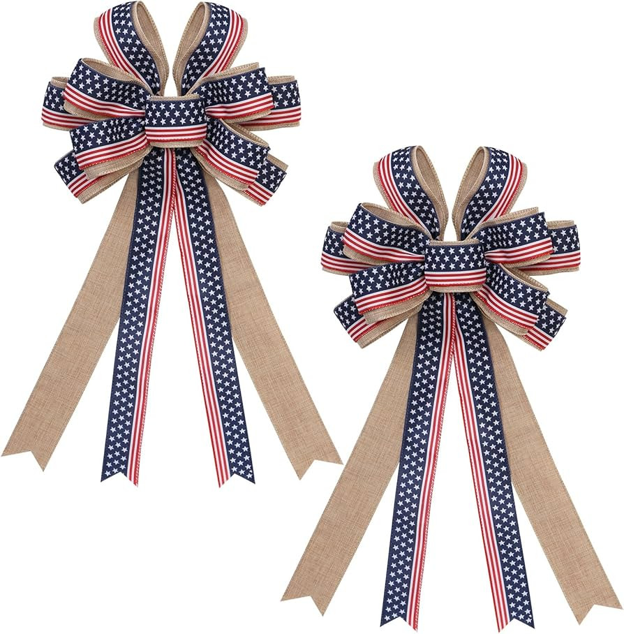 Amazon.com: JiaLeiXi 4th of July Decorations, 2PCS Patriotic Red Blue Linen Bow Front Door Wreath... | Amazon (US)