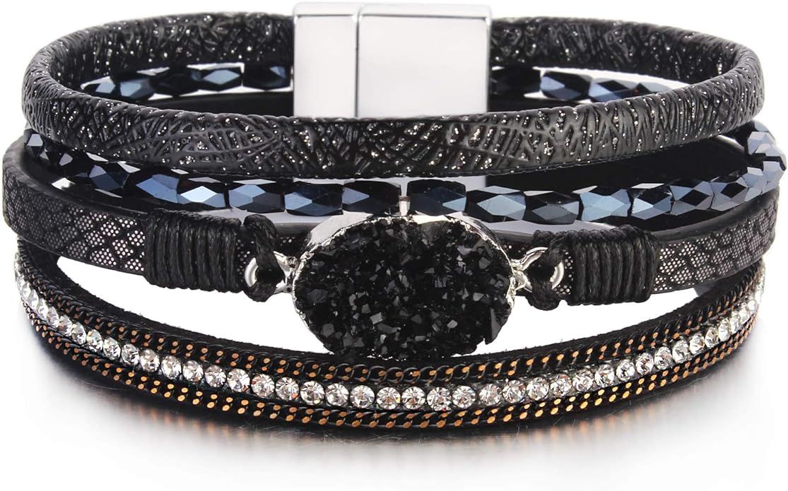 FANCY SHINY Leather Wrap Bracelet Boho Cuff Bracelets Crystal Bead Bracelet with Magnetic Clasp J... | Amazon (US)