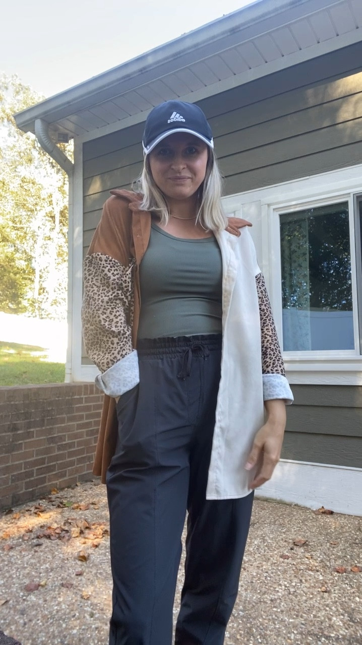 Friday errands + a comfy fit 
•••
Exact button up, olive undershirt, joggers, and shoes/same material hat just a diff style. Mine is a few years old 

#LTKSeasonal #LTKSaleAlert #LTKActive