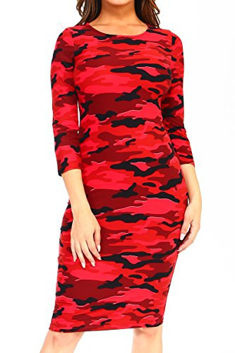 ICONOFLASH Women's 3/4 Sleeve Bodycon Midi Dress - XS to 3XL (Red Camo, Small) | Amazon (US)