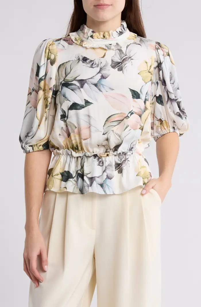 Floral Print Ruffle Neck Peplum Crop Top | Nordstrom Rack