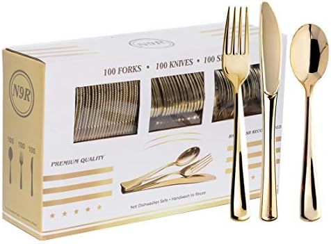 N9R 300PCS Gold Plastic Silverware - Gold Plastic Cutlery Set Disposable Flatware Dinnerware -100... | Amazon (US)