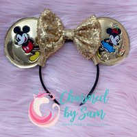 Custom Gold Retro Mickey Minnie Inspired Mouse Ears, Metallic Princess, Glitter Bow, Adult Child Headband | Etsy (US)