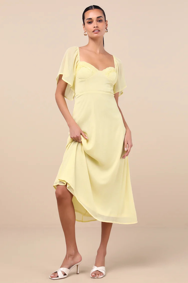 Valla Light Yellow Flutter Sleeve Midi Dress | Lulus