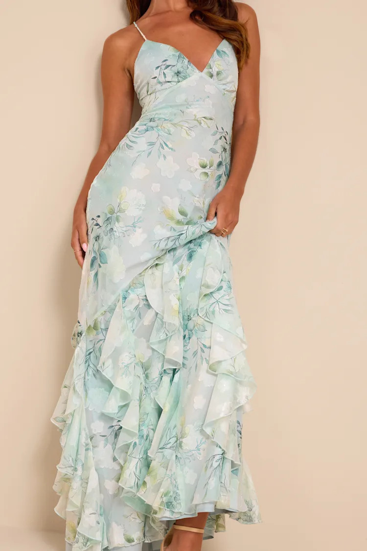 Nelia Light Blue Floral Ruffled Mermaid Maxi Dress | Lulus