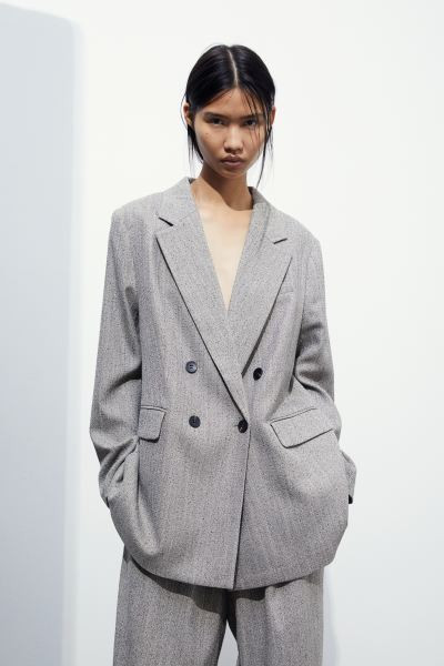 Double-breasted Blazer - Taupe/herringbone-patterned - Ladies | H&M US | H&M (US + CA)