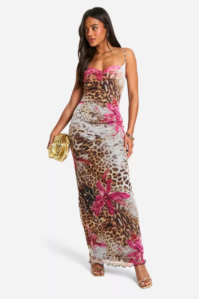 Mesh Leopard Floral Cowl Maxi | boohoo (US & Canada)