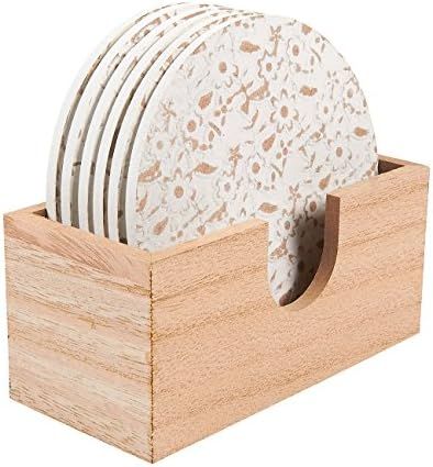 Juvale Wood Coasters - 6 Pack Round Wooden Coasters with Holder, White Floral Design, 3.8 Inches ... | Amazon (US)