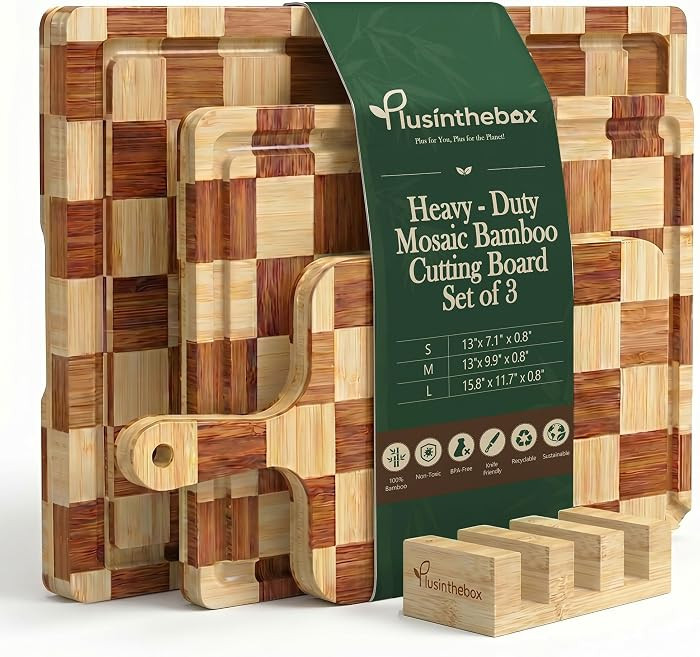 Cutting Board,Heavy Duty Cutting Board Set of 3 with Stand,End Grain Butcher Block Cutting Boards for Kitchen with Juice Grooves and Handles for Meat, Cheese, Charcuterie and Serving | Amazon (US)