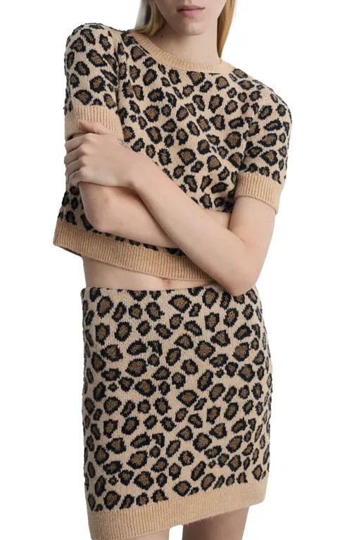 MANGO Metallic Leopard Jacquard Short Sleeve Sweater in Brown at Nordstrom, Size Small | Nordstrom