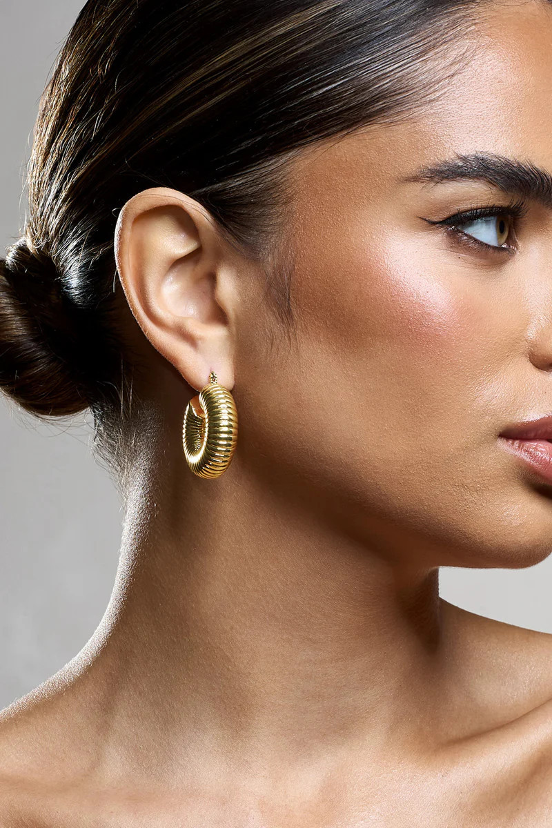 Marceline | Gold Ribbed Chunky Hoop Earrings | Club L London