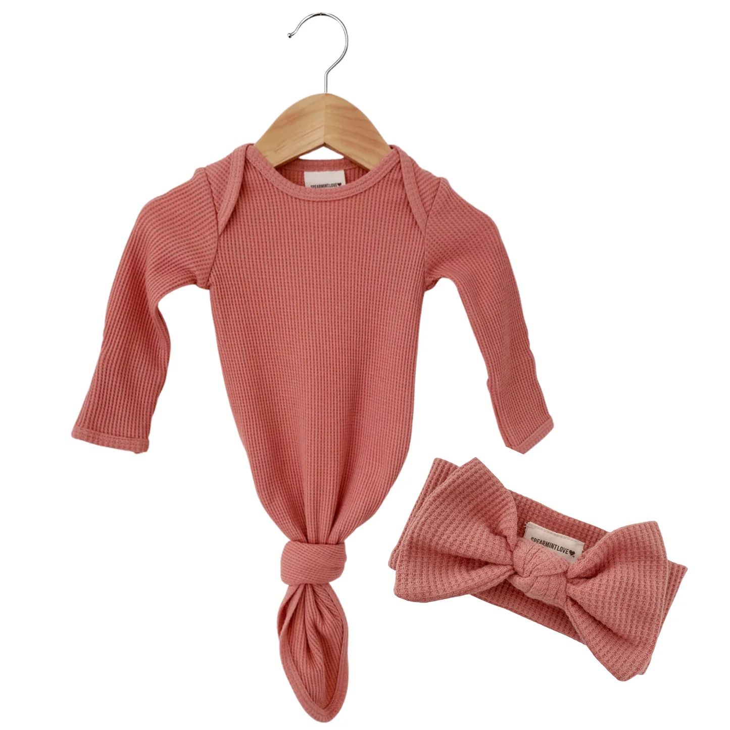 Organic Waffle Knotted Gown & Bow Set, Dusty Rose | SpearmintLOVE