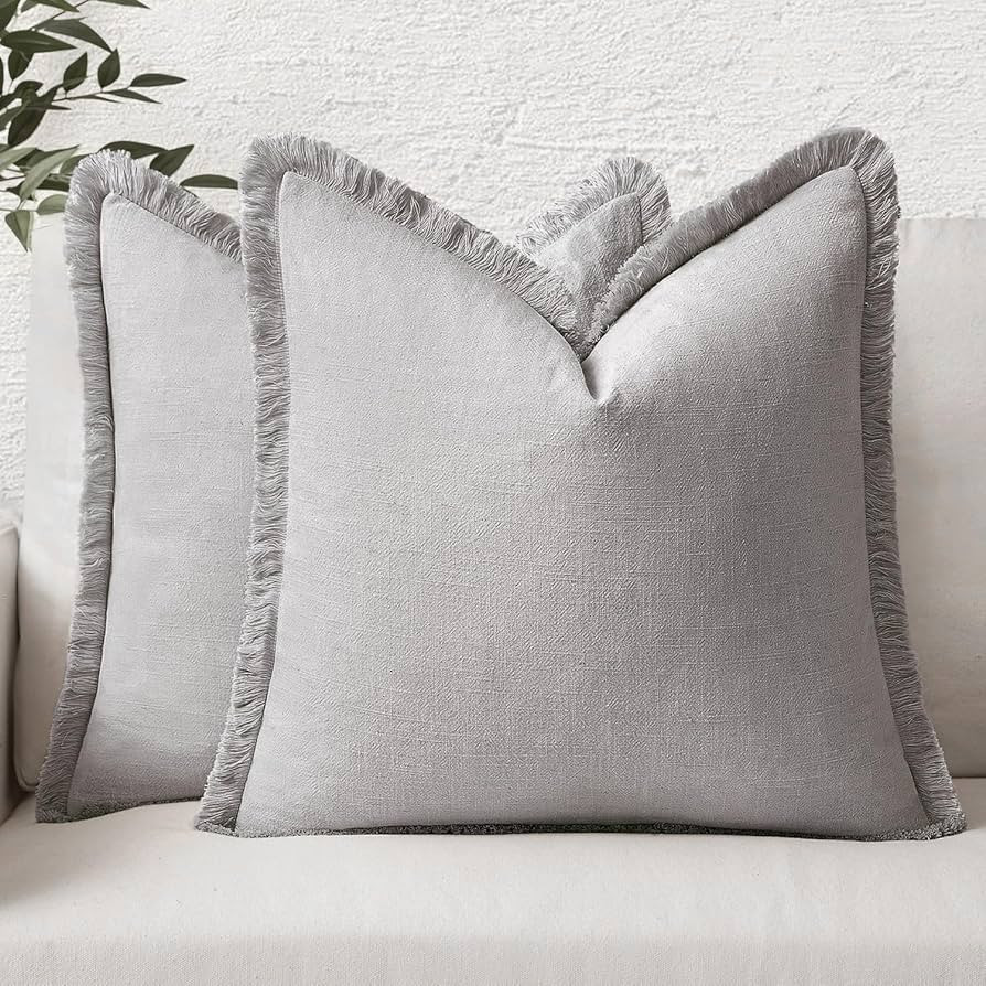MIULEE Decorative Throw Pillow Covers Neutral Linen Fringe Throw Pillows Set of 2 Light Grey Boho... | Amazon (US)