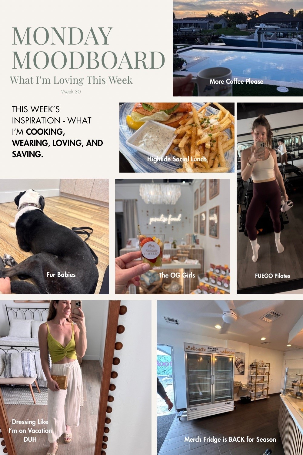 Monday Moodboard | Week 30 | SW Florida Life 

Tagging my favorite workout top from Amazon, the softest shirt from lulus, and everything I use to assemble individual charcuterie cups for my business Grazing Haus 🤍 

All the details from life last week are live on the blog at GrazingHaus.com