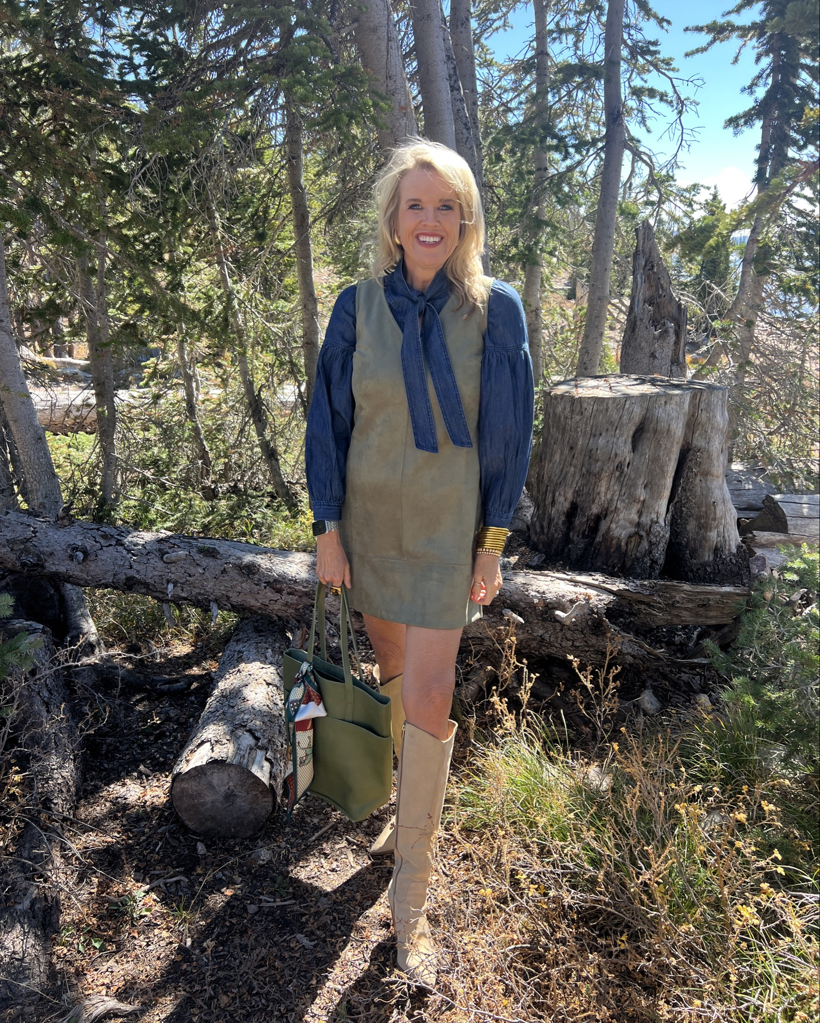 Fall outfit/ fall fashion
Trending fall color green and trending suede

Faux suede Dress loft and fits tts I am in a small hits at knee comes in two colorss Long Scarf

Chambray  top with neck  tie
And slightly balloon sleeve

Tall suede boots by dolce vita (old) linked this years version tts

Able Lester  tote with 2 exterior pockets  1 interior pocket  perfect Tote for fall in a beautiful green comes in 3 colors  DARCYFAM for 25% off 

Long Scarf  in perfect fall colors with a horse theme very designer feeling

Budha girl bracelets 

Lisi lurched gold beaded bracelet 

#LTKSaleAlert #LTKWorkwear #LTKStyleTip