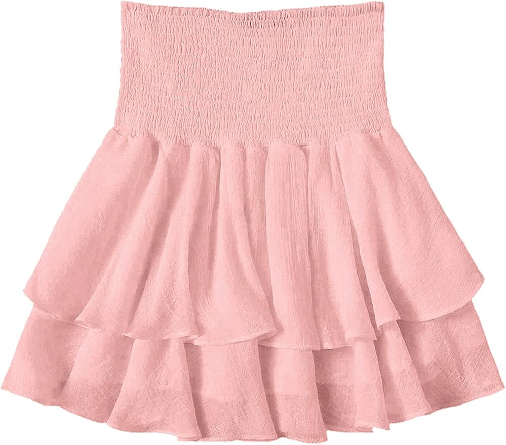 SheIn Women's Solid Shirred High Waist Layered Ruffle Hem Flared Mini Skirt | Amazon (US)