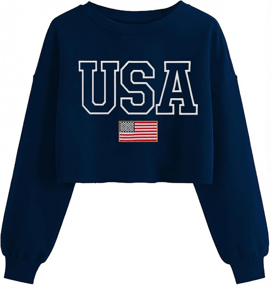 USA Flag Sweatshirts for Women: Embroidered 4th of July Shirts Long Sleeve Patriotic Crop Sweatsh... | Amazon (US)