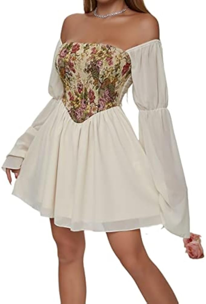 SDAUYDGYG Women's Shirt Floral Print Off Shoulder Bell Sleeve Shirred Back Dress (Color : Multico... | Amazon (US)