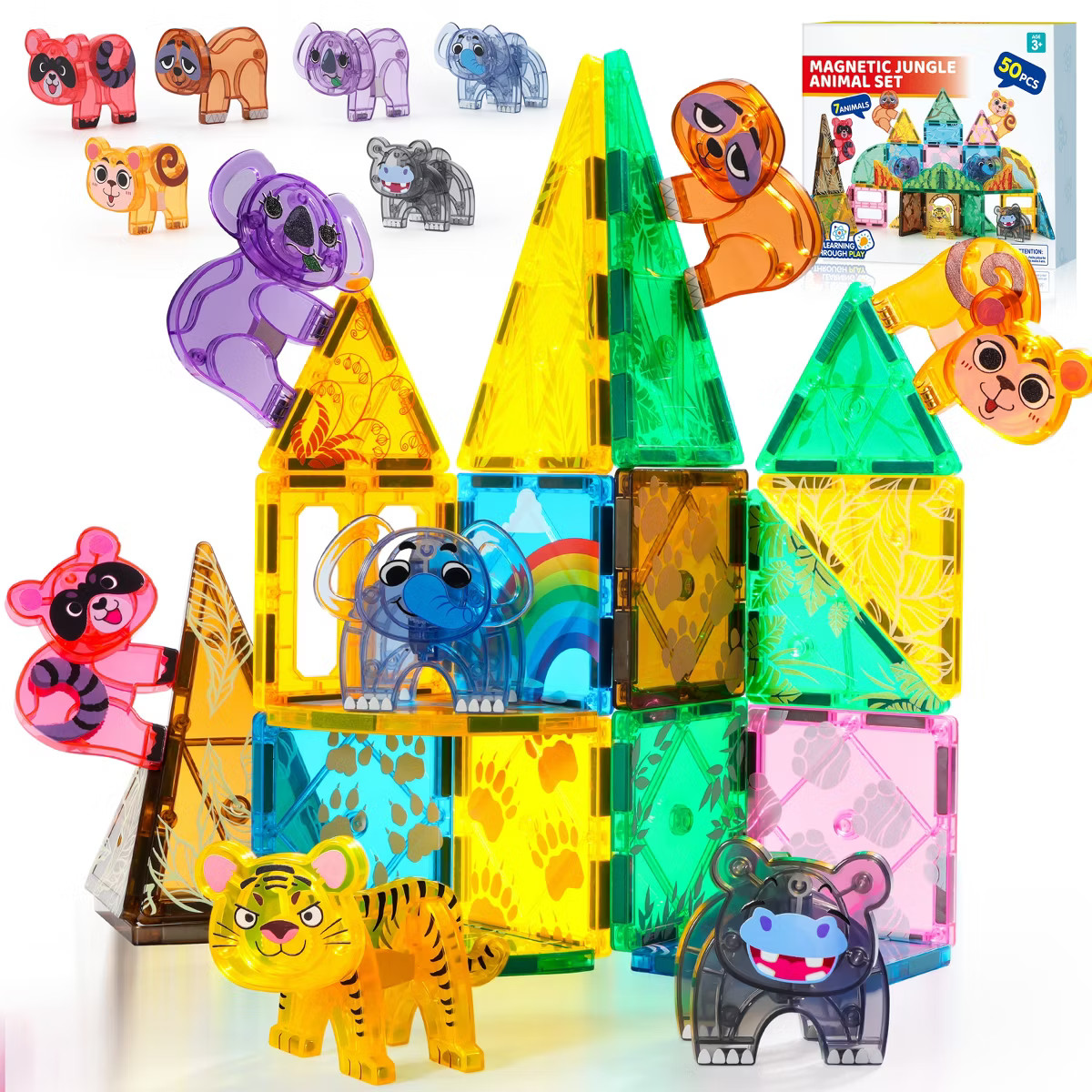 Joyfy 50PCS Magnetic Tiles Set with Jungle Animal for Toddlers Kids Age 3-8 Construction STEM Toy... | Target