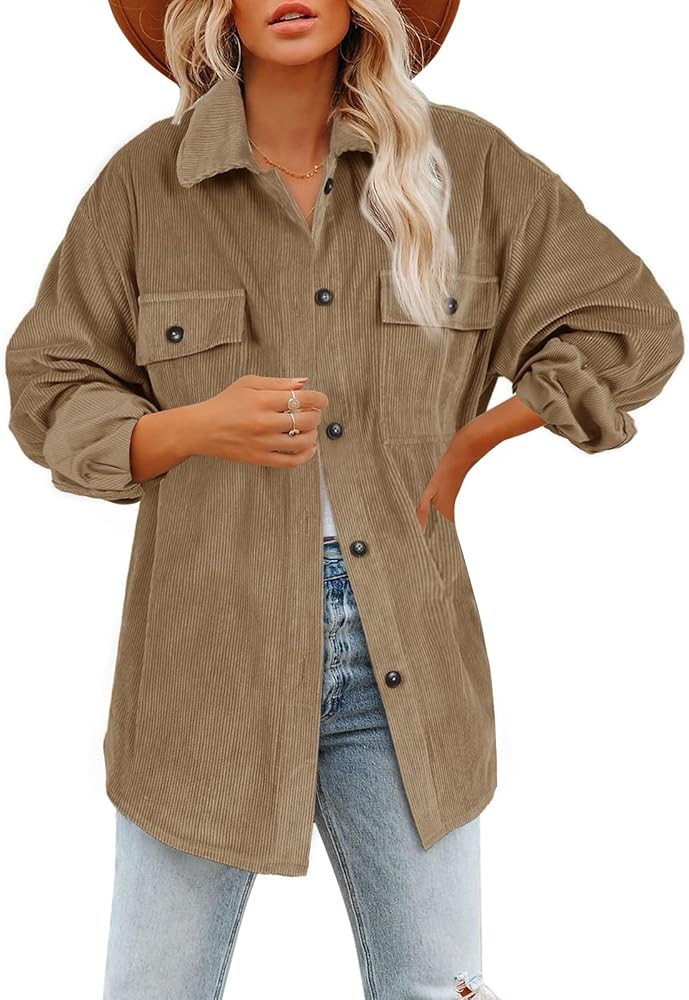 Women's Corduroy Button Down Shirt Long Sleeve Lapel Collar Side Slit Loose Casual Shacket Jacket... | Amazon (US)