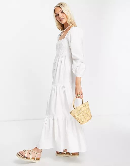 ASOS DESIGN cotton square neck shirred bodice button through maxi dress in white | ASOS (Global)