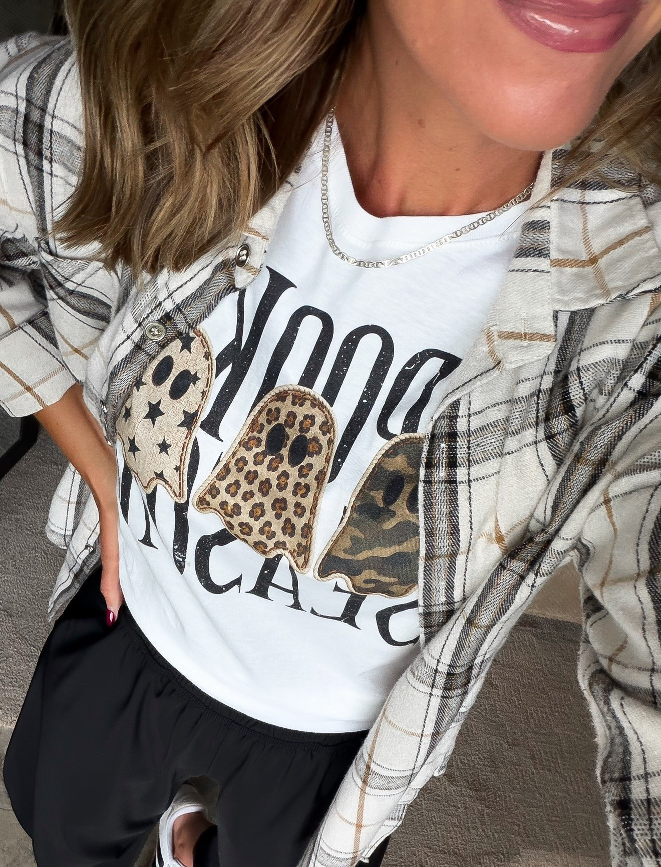 Festive tee for Fall 👻 
Tee/ small
Flannel/ medium
Pants/ small (size down if between)
Sneakers sized down a half size

#LTKSeasonal #LTKOver40
