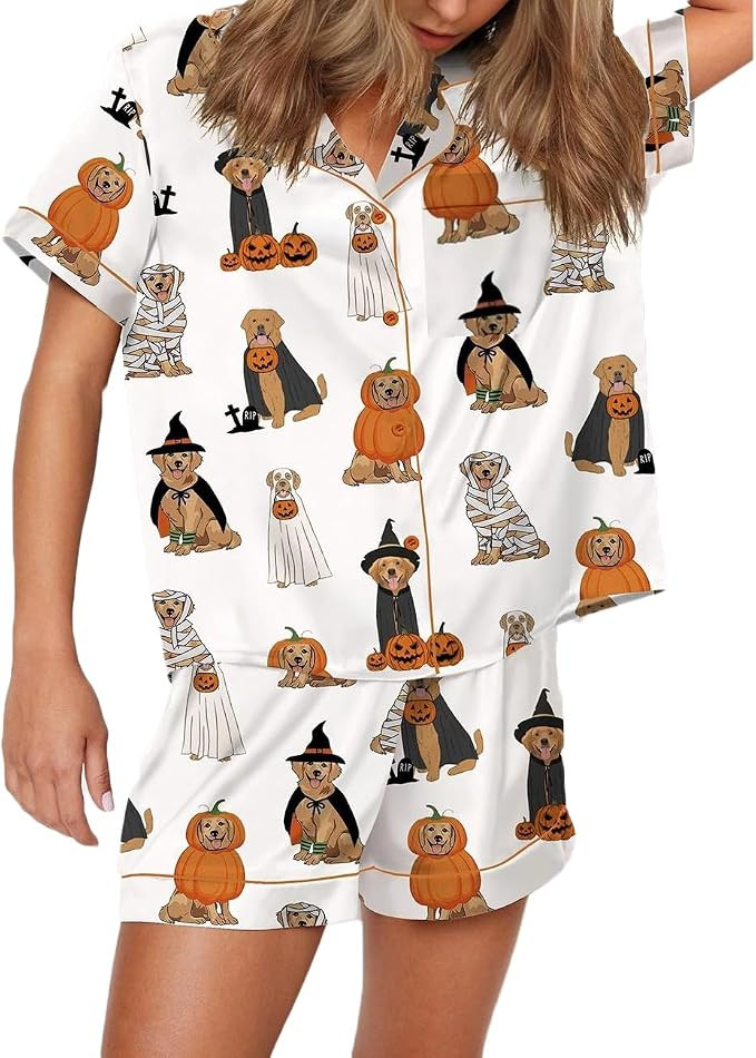 RUEWEY Halloween Womens Pajamas Set Ghost Pumpkin Print Short Sleeve Button Down 2 Piece Loungewe... | Amazon (US)