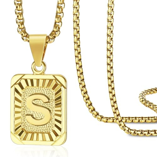 MOWOM Initial Letter Pendant Necklace for Men Women Square Pendant Capital Monogram Necklace Gold Plated A-Z Letter Pendant Necklace 22-inch Gold Initial Necklace (S) | Amazon (US)