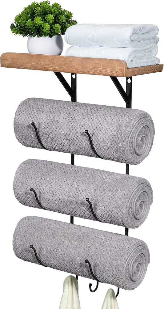 Towel Rack Wall Mounted for Bathroom, IRIIJANE Metal Bath Towel Holder Storage Hand Towels w/Wood... | Amazon (US)