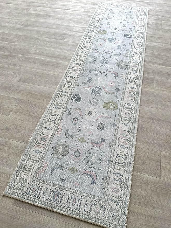 Cream Blue Oushak Runner Rug, Modern Runners, Vintage, Turkish, Eclectic, Floral, Pastel, Washabl... | Amazon (US)