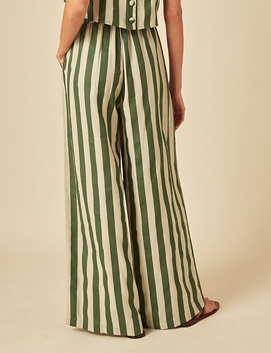 Green Linen-blend Striped Trousers | Nobody's Child