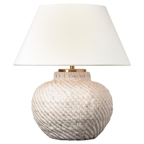 Visual Comfort Avedon Plaster White Rattan Linen Shade Cordless Table Lamp | Kathy Kuo Home