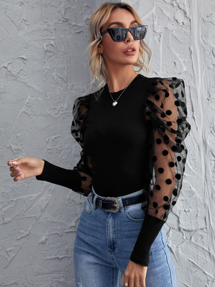 SHEIN Dobby Mesh Sleeve Rib-knit Top | SHEIN