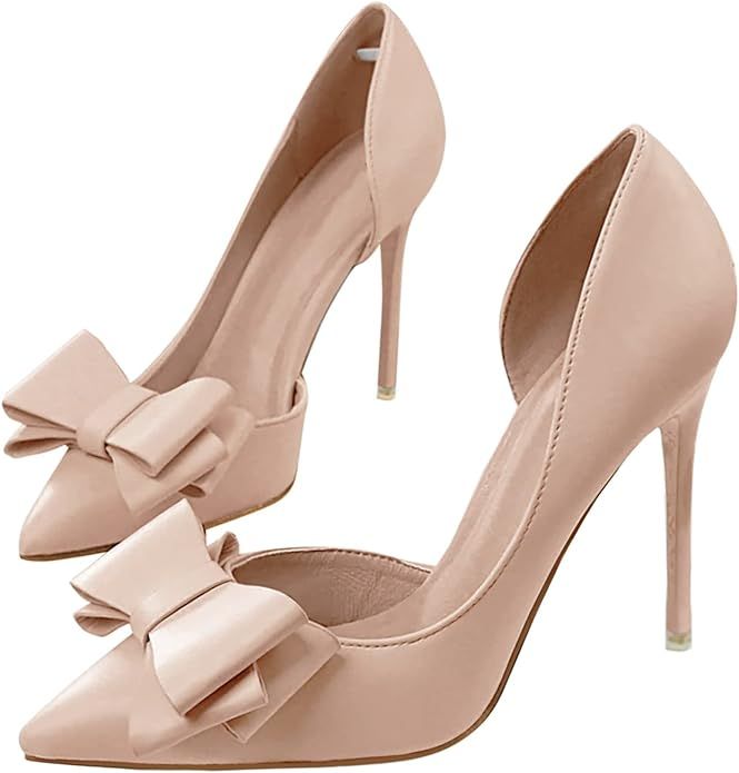 Womens Bow Heels Pumps Closed Toe High Stiletto Heeled Slip on Wedding Dress Shoes | Amazon (US)