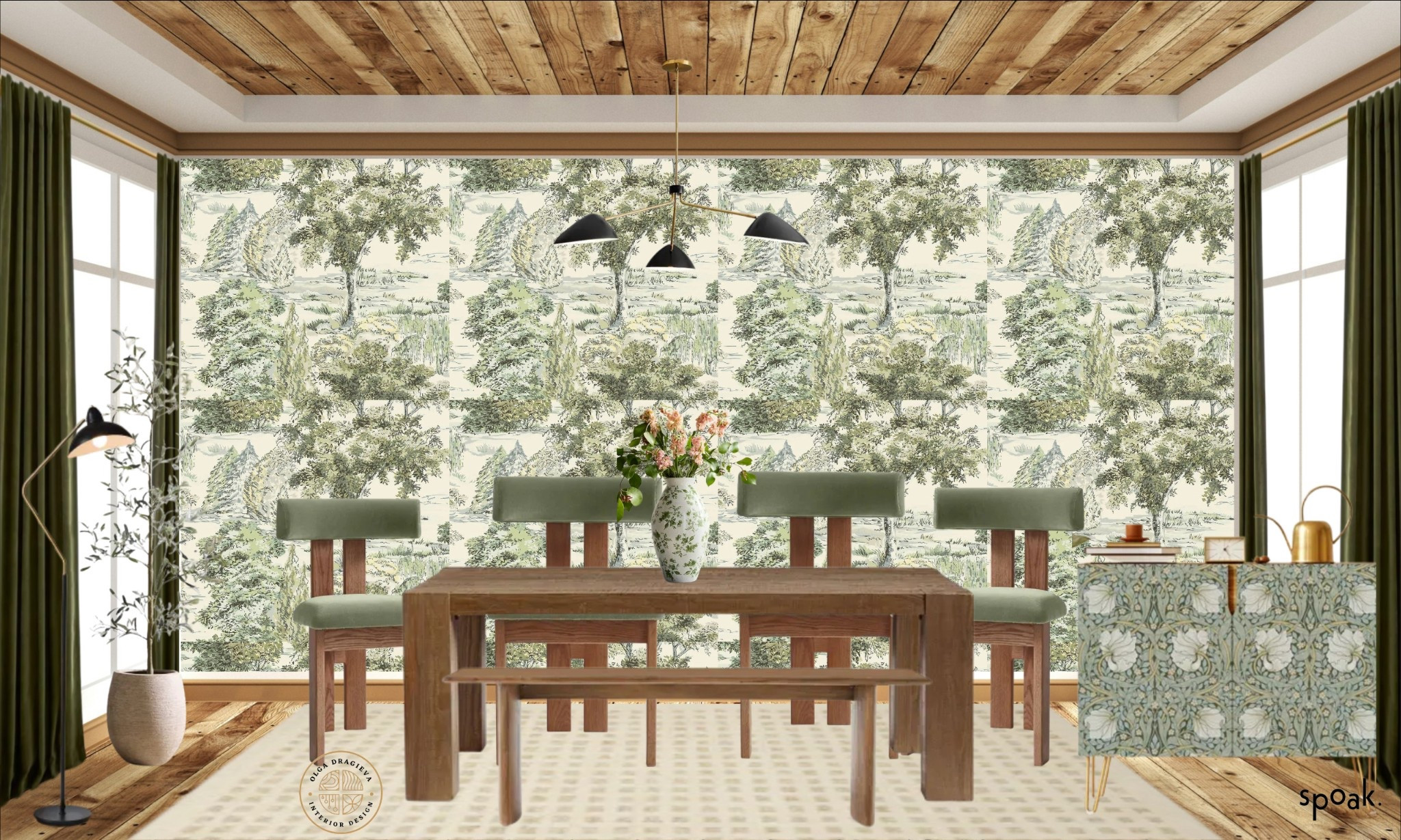 Beautiful dining room design/mood board. Gorgeous green velvet dining chairs, dining table, mid-century modern chandelier, botanical wallpaper, floral sideboard. #homedecor #diningroom 