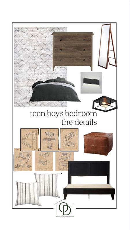 A teen boy bedroom mood board including a black wood bed, extra wide nightstands in wood with black hardware, modern black wall sconce, industrial flush mount ceiling light, leather pouf ottomans, vintage video game art, wood full length mirror, striped euro pillows, charcoal linen duvet cover. 

#competition

#LTKFind #LTKkids #LTKhome