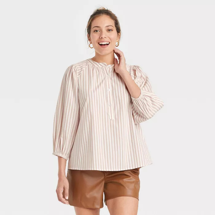 Women's Puff 3/4 Sleeve Blouse - A New Day™ Cream Striped XS | Target