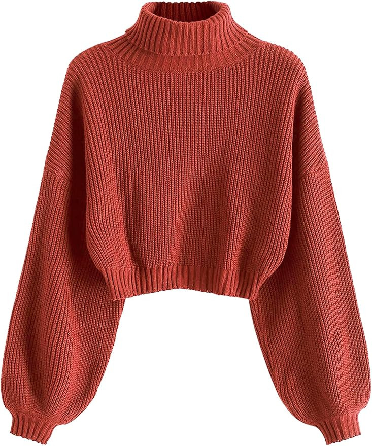 ZAFUL Women's Cropped Turtleneck Sweater Lantern Sleeve Ribbed Knit Pullover Sweater Jumper | Amazon (US)