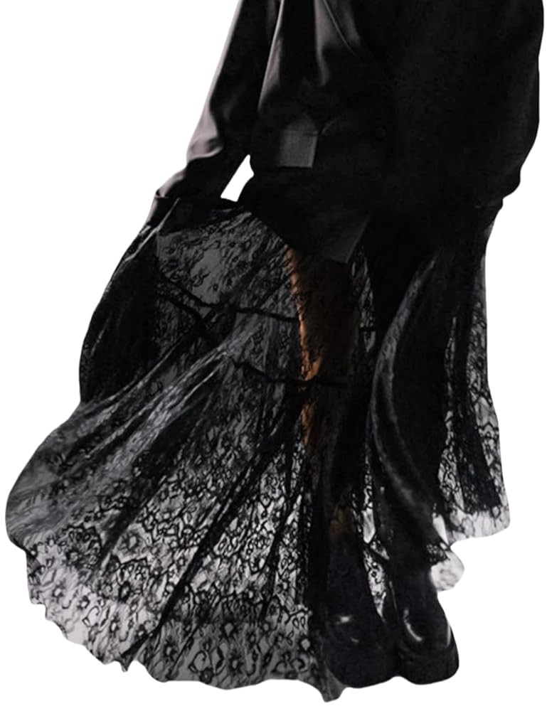 Perbai Women's Sexy Sheer Lace Skirt High Waisted Floral Embroidered Ruffled A Line Long Maxi Bea... | Amazon (US)