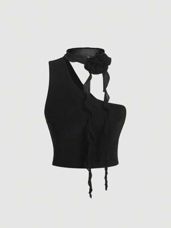SHEIN MOD Solid 3D Applique Detail Asymmetrical Neck Crop Top | SHEIN